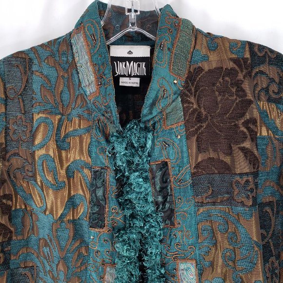 Yak Magik Teal Brown Open Front Silk Blazer Jacket Size Small - Picture 5 of 16